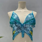 blue Butterfly Crop Top Sequin