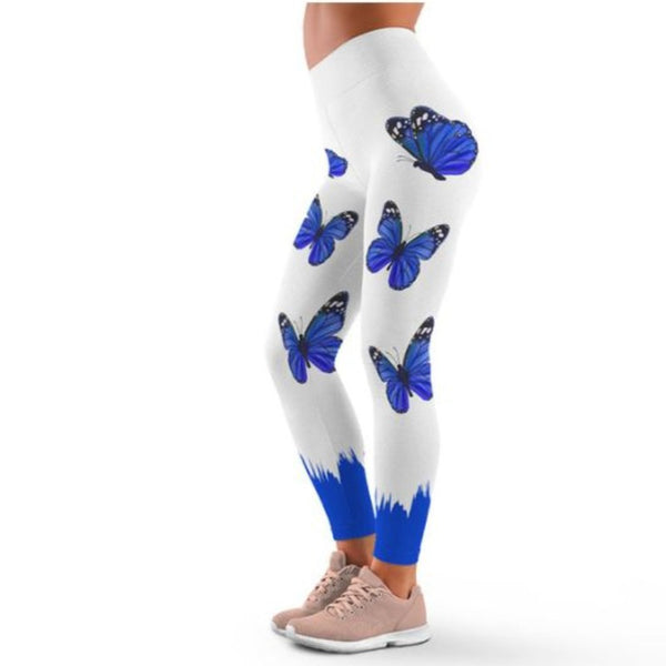 Creamy Soft Electric Blue Floral Butterfly Leggings - USA Fashion