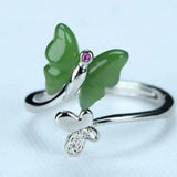 silver green jade butterfly ring